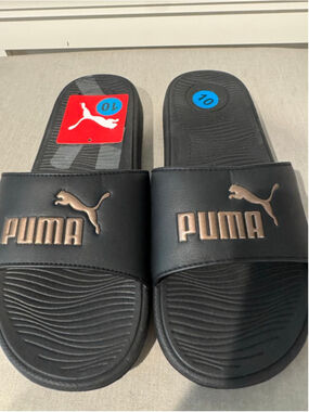 Women's PUMA Cool Cat Black Rose Gold Slide Sandals Size 10 vegan
